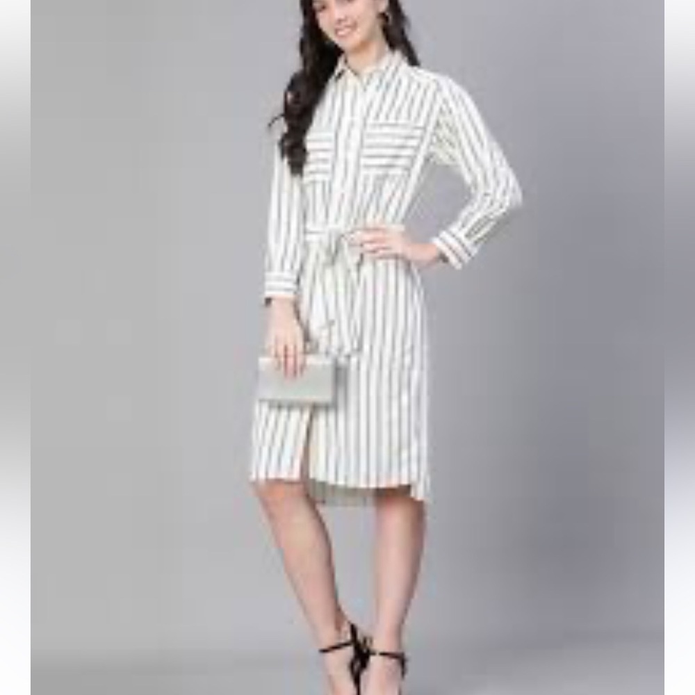 &. Passport Grey&White Striped Shirt Dress With Waist Tie